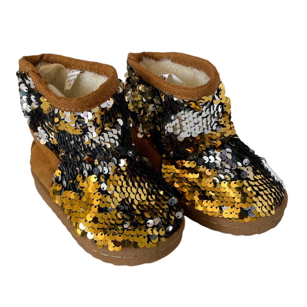 Mudd Cherry Silver and Gold Sequined Faux Fur Booties • Size 5 🗣